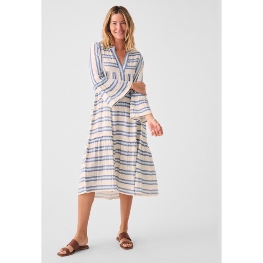 Faherty Vida Dress Women's Size Medium Blue Striped Organic Cotton Boho Midi